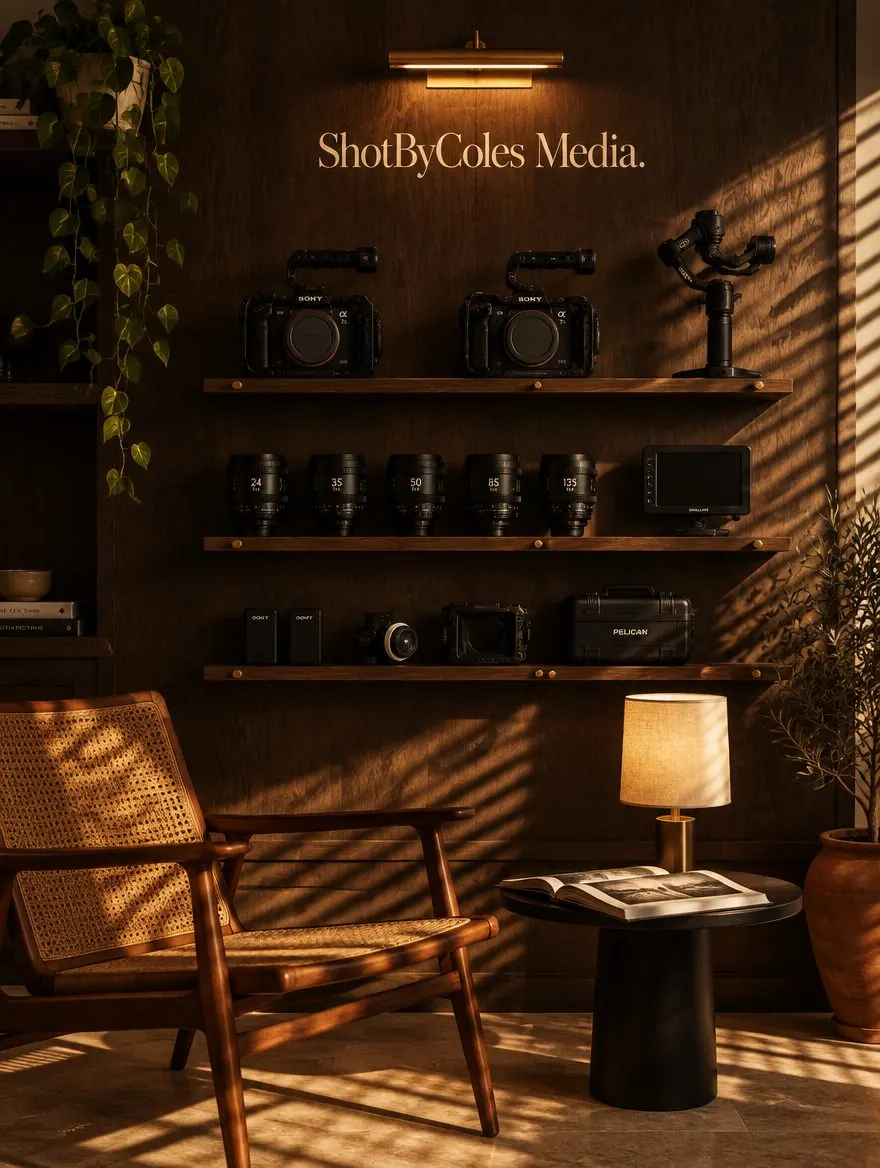 Camera gear on walnut shelves under the ShotByColes Media wordmark