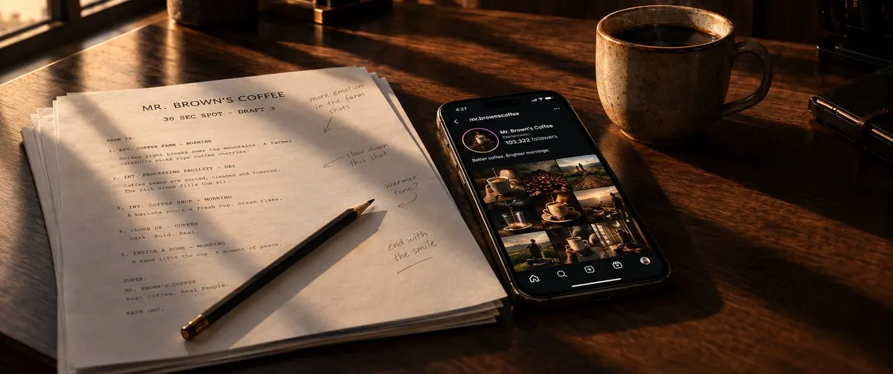 Commercial script and phone on a desk showing a coffee brand’s social page