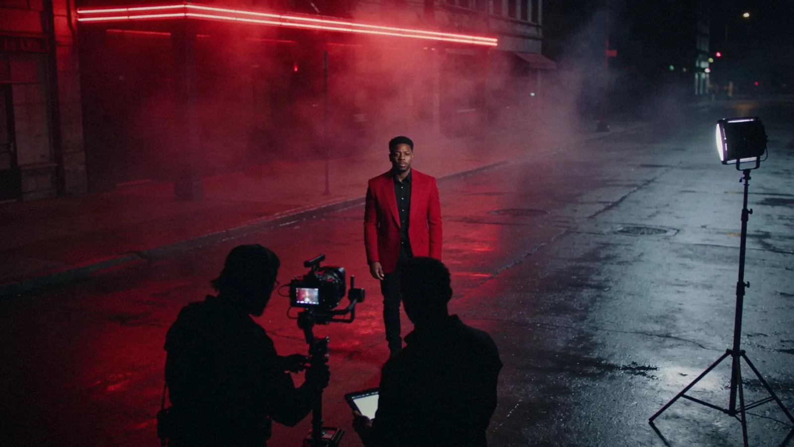 Music video being filmed on a neon-lit street at night