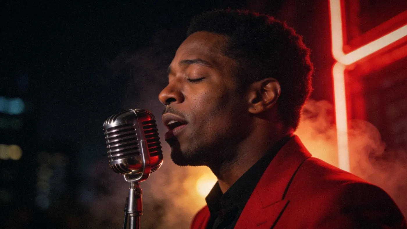 Singer in a red suit performing under red neon
